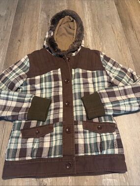 Fox Girls Plaid Hooded Jacket with Faux-Fur Trim - Brown & Teal